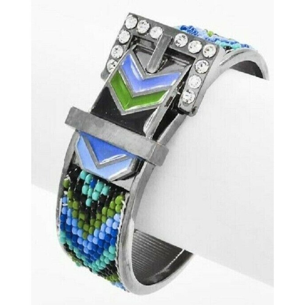 Blue Green Seed Bead Beaded CHEVRON Buckle Hematite Rhinestone Hinged Bracelet